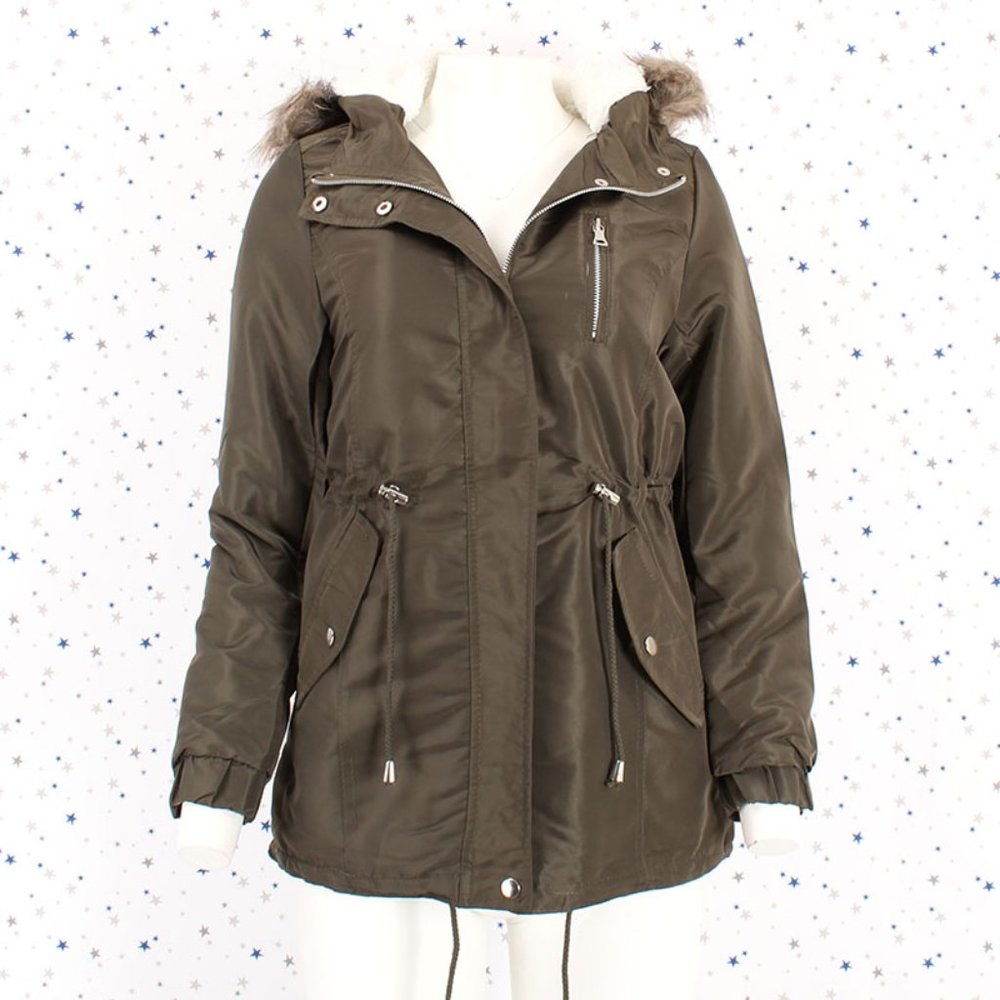 Olive Faux Fur Hooded Sherpa Lined Jacket - Picture 4 of 11